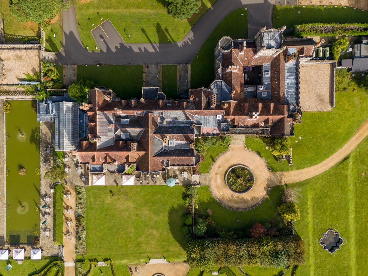 Foxwell and its formal gardens seen from directly above